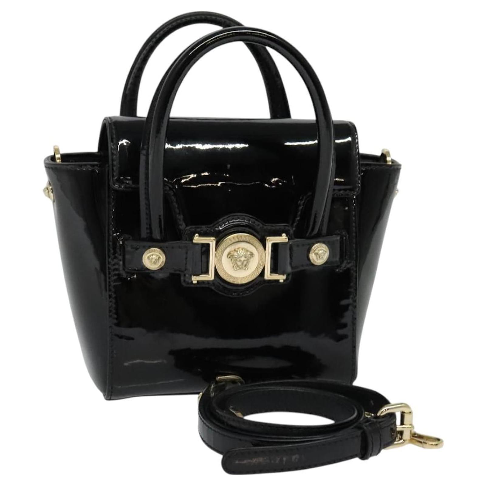 VERSACE Handtasche aus Lackleder Wege Schwarz Gold Auth 122926