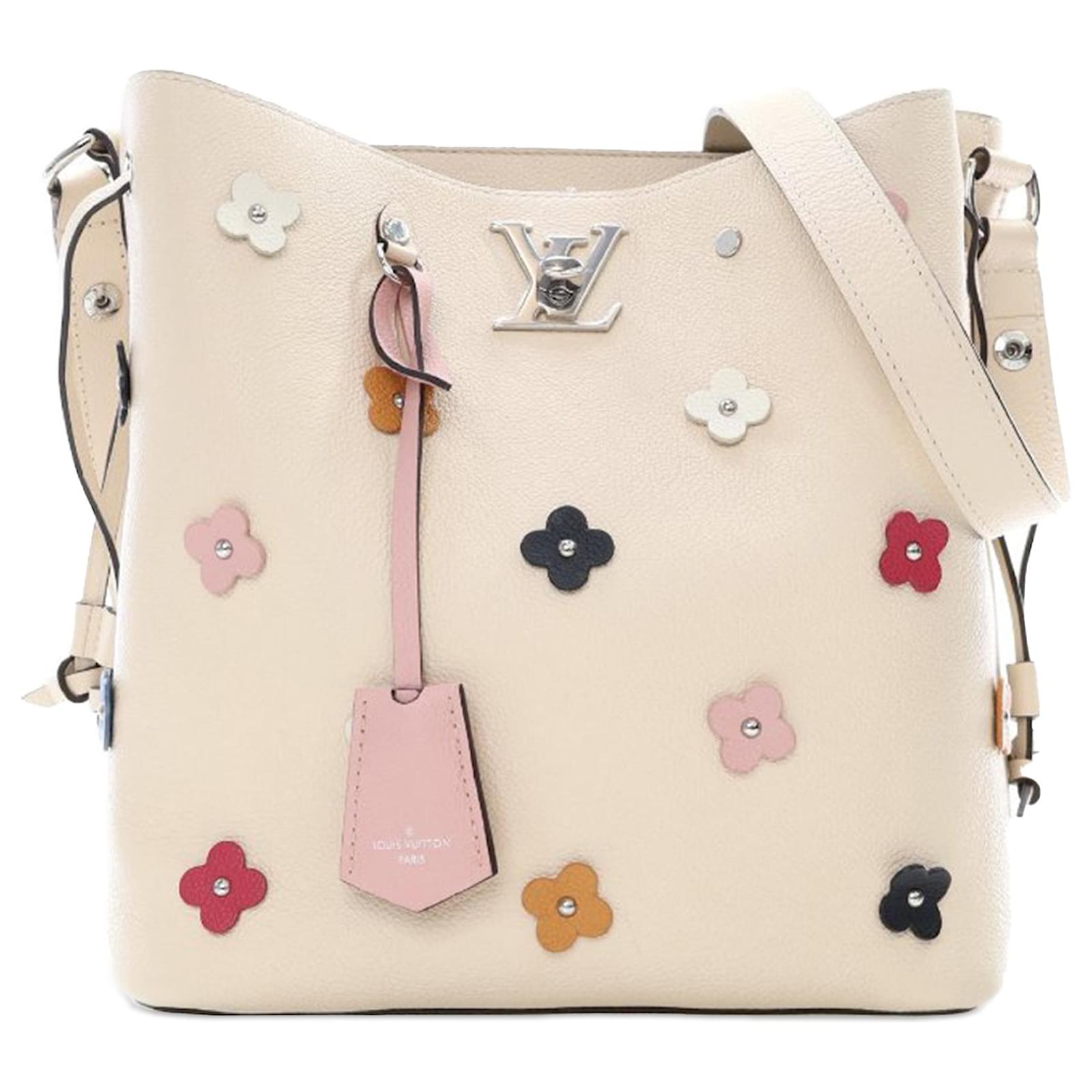 Louis Vuitton Brown Flower Embellished Lockme Bucket Bag Beige