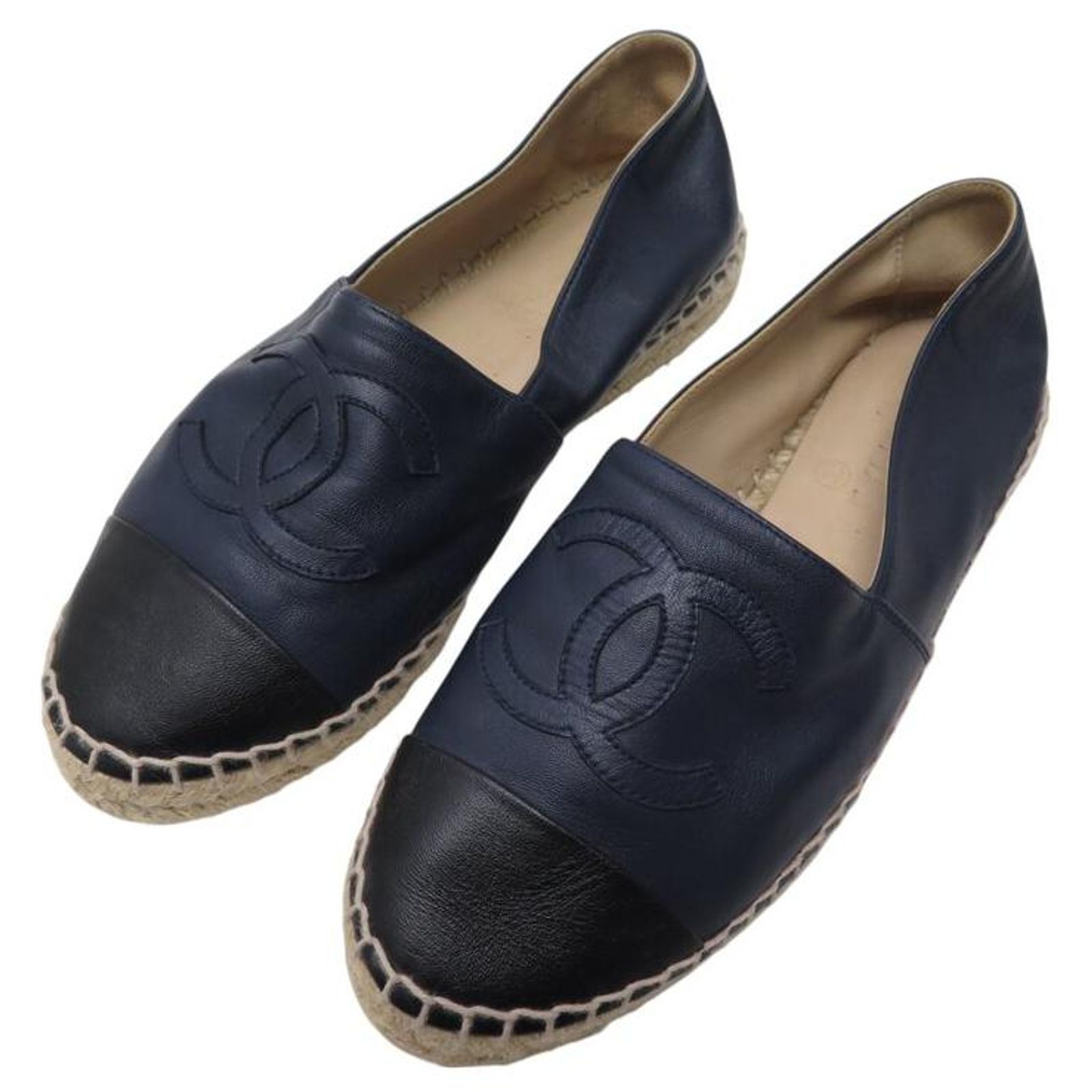 CHANEL ESPADRILLES LOGO CC G29762 37 BLUE LEATHER FLAT BLACK SHOES