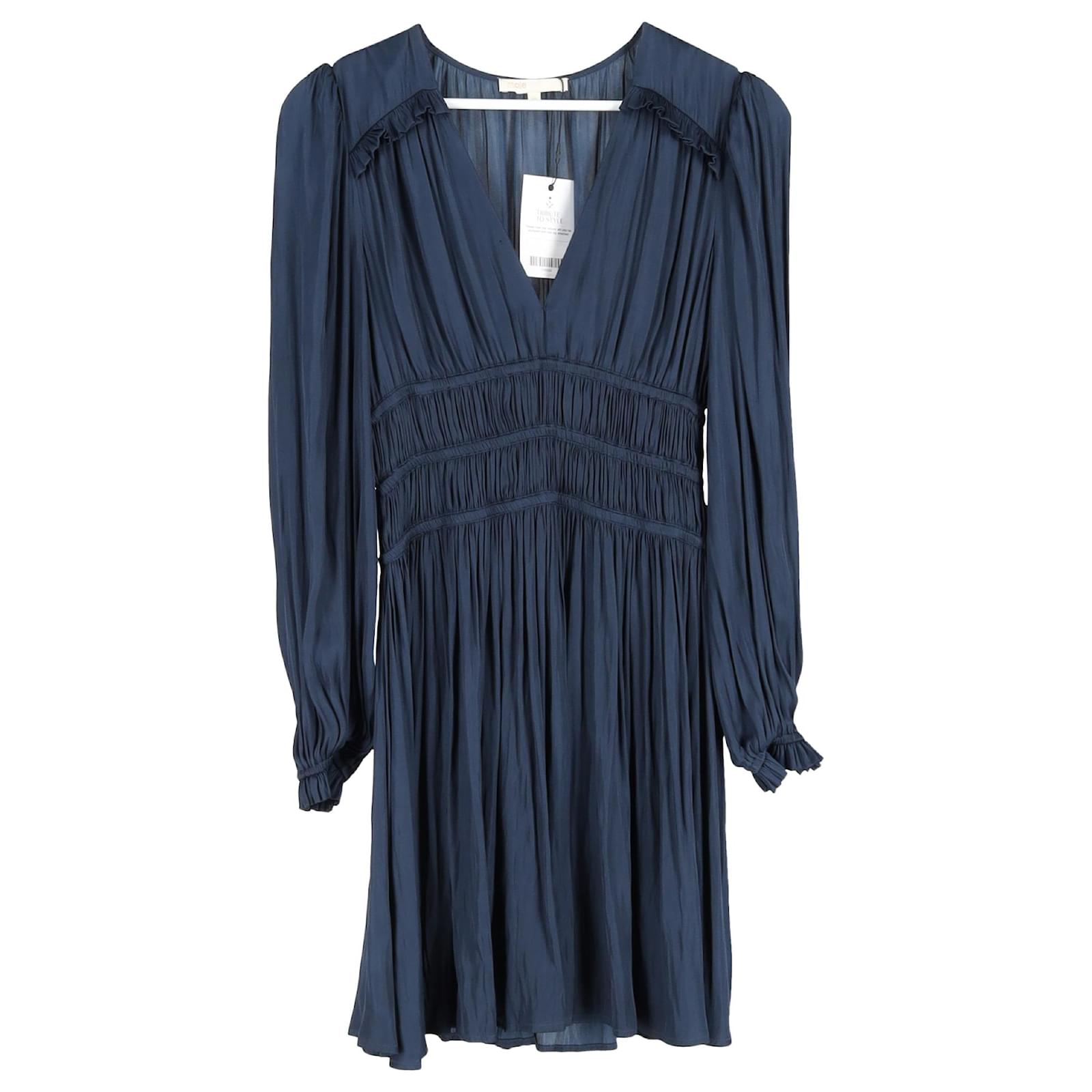Satin Robe Maje Bleu Marine Robe Mini En Satin Froncé Maje En