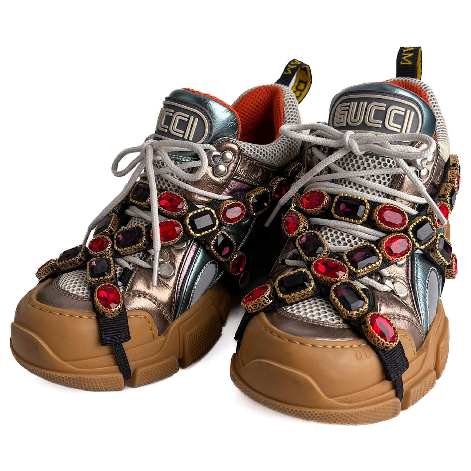 Gucci Flashtrek Crystal Metalic Leather Sneakers 38 Multicolor