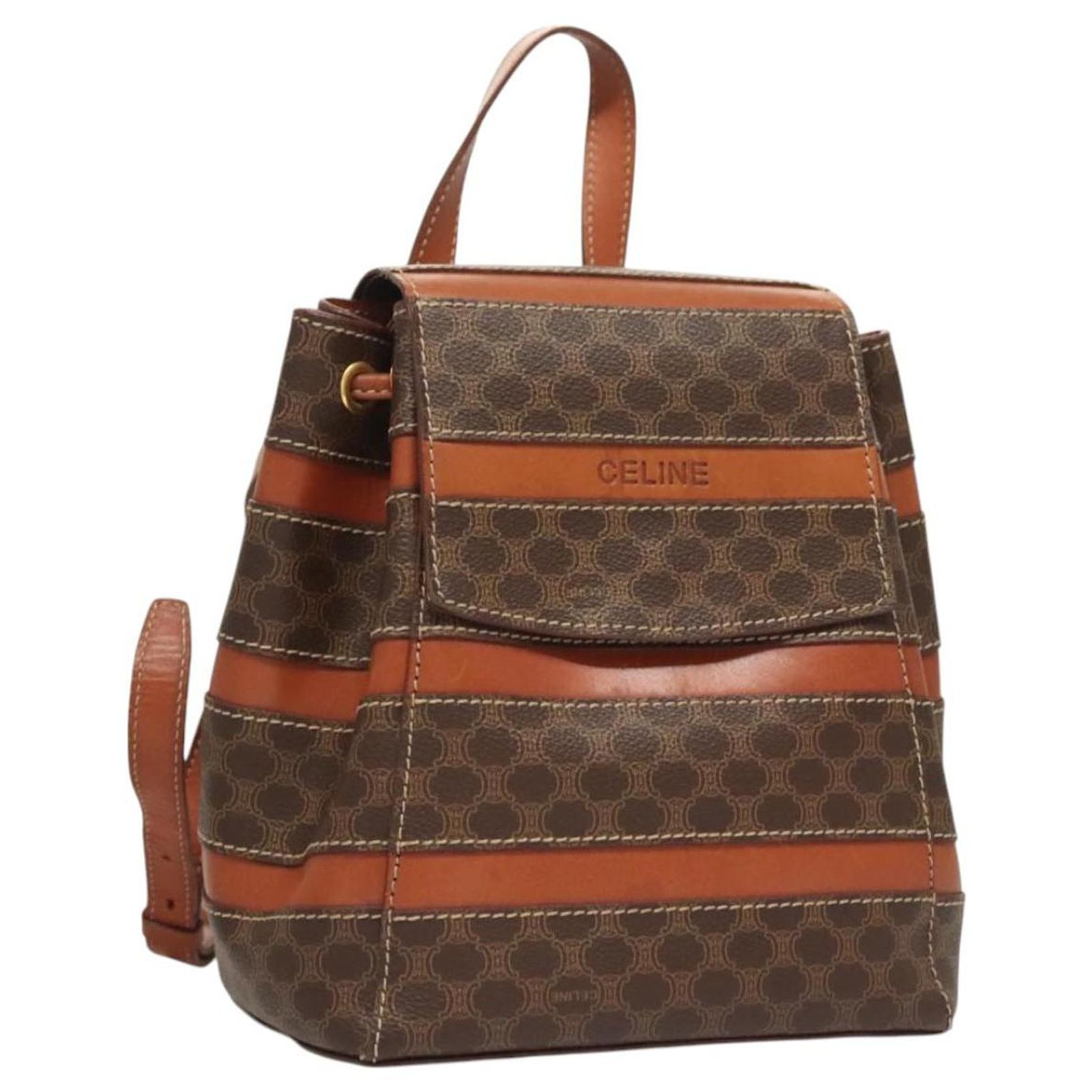Céline CELINE Macadam Canvas Backpack PVC Leather Brown Gold  display picture 3