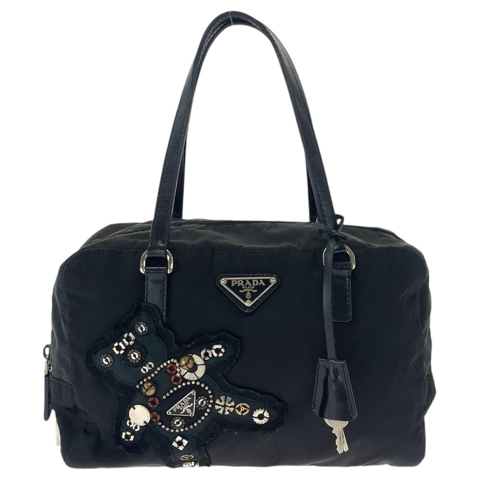 Prada Evening Bear Tessuto Nylon 2way Bag Black Leather ref