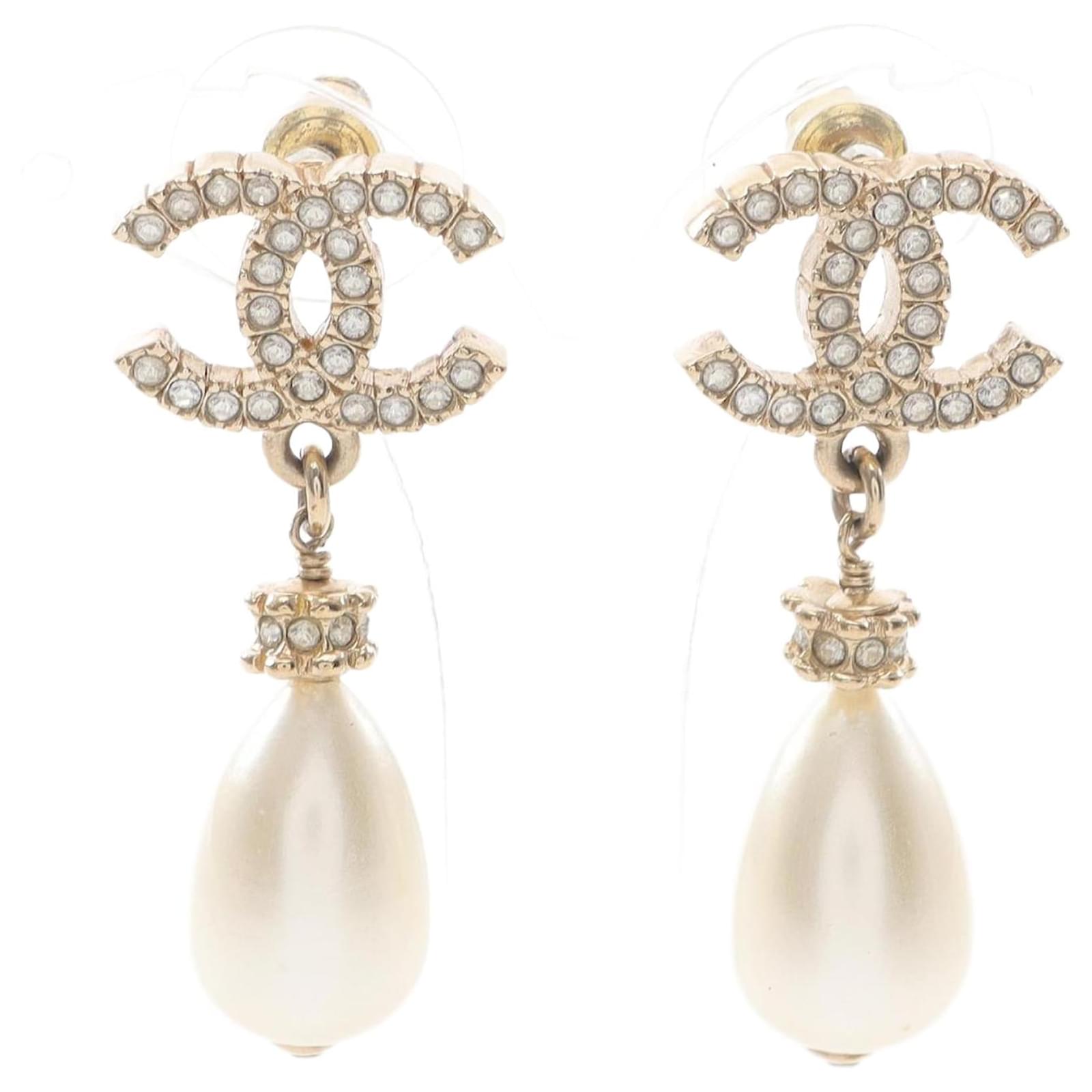 Chanel Coco Mark Pearl Rhinestone Earrings Golden Metallic