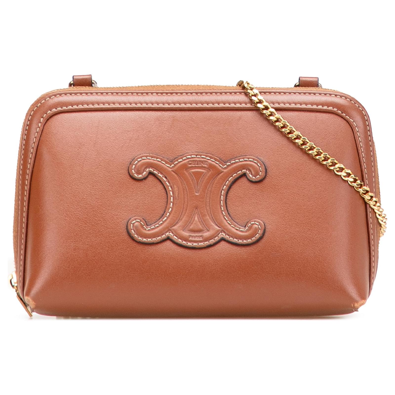 Céline Celine Brown Smooth Calfskin Cuir Triomphe Clutch on Chain