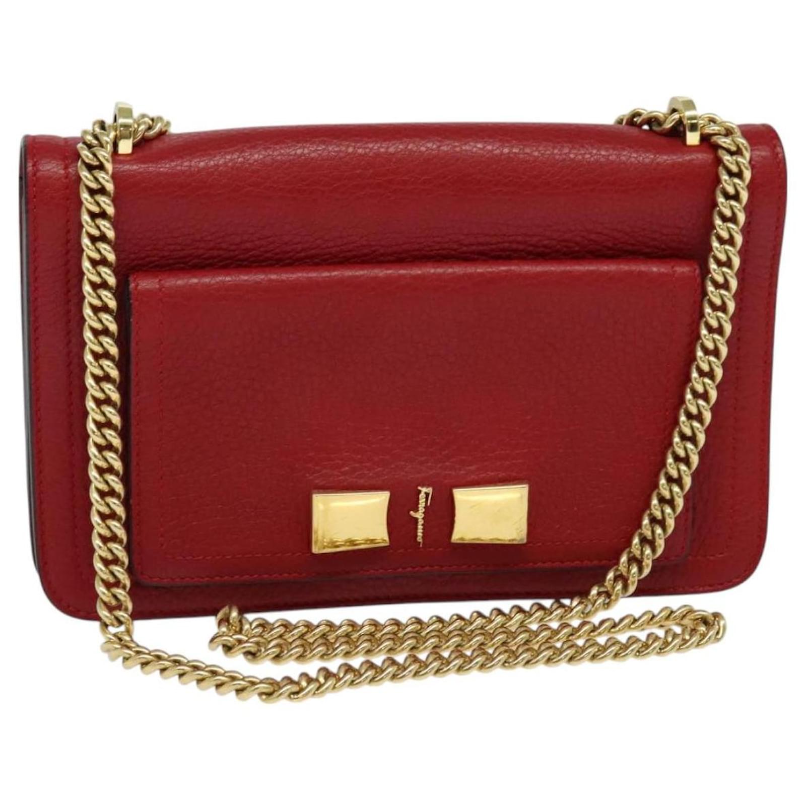 Salvatore Ferragamo Vala Chain Shoulder Bag Leather Red Gold