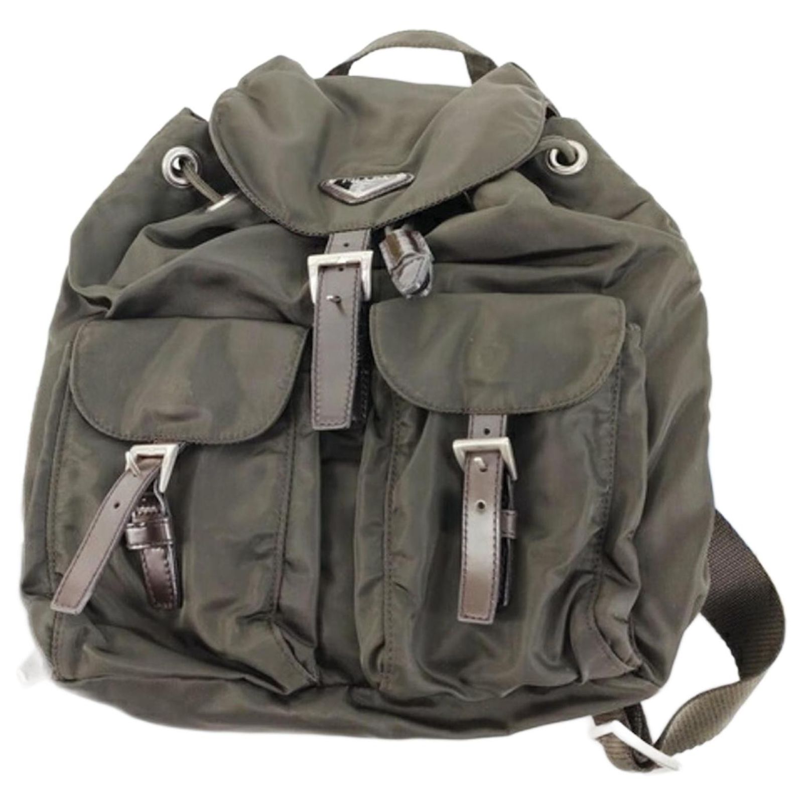 Prada Green Nylon Leather Mini Triangle Plate Backpack ref  display picture 1
