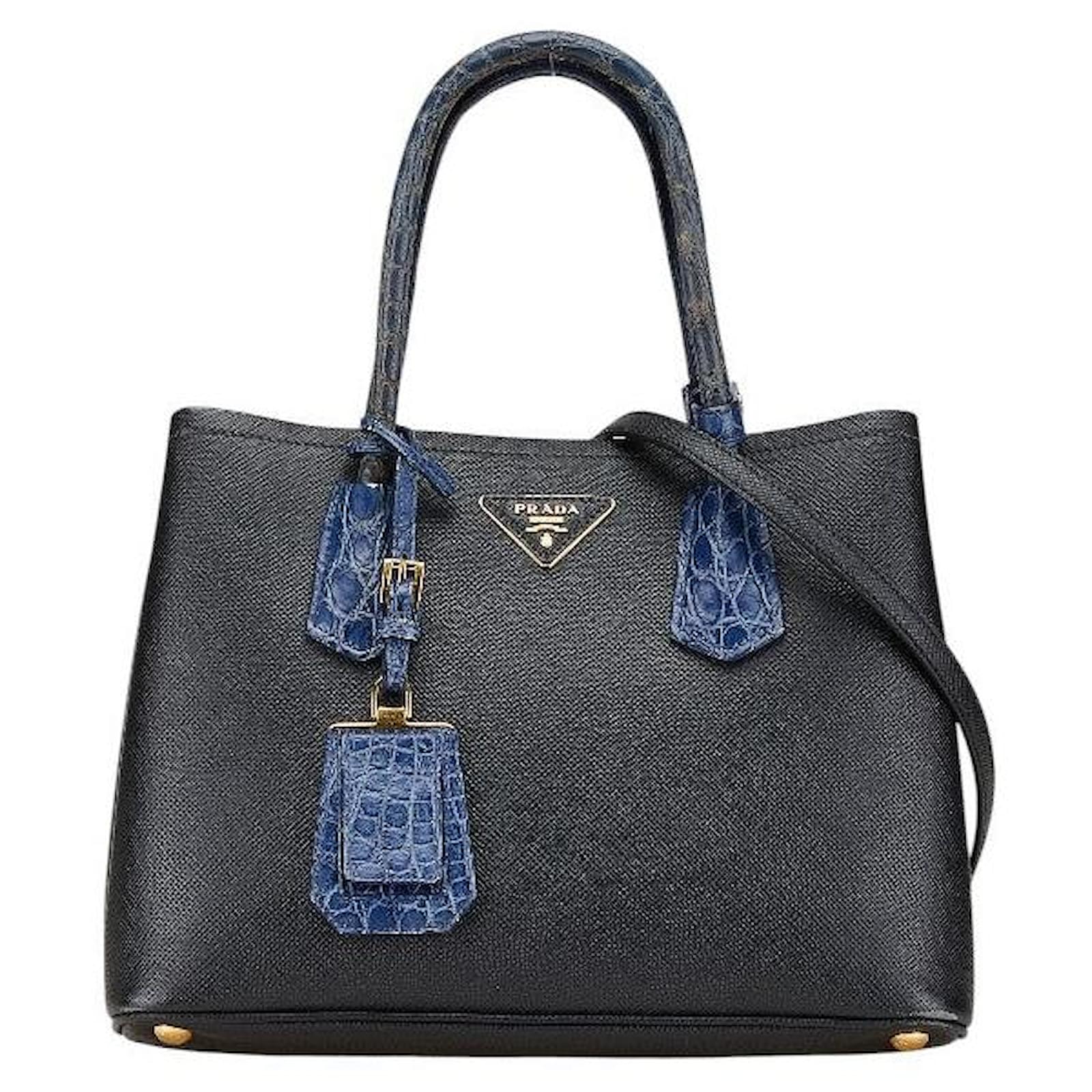 Prada Double Saffiano Crocodile 2way Bag Black Navy blue Leather