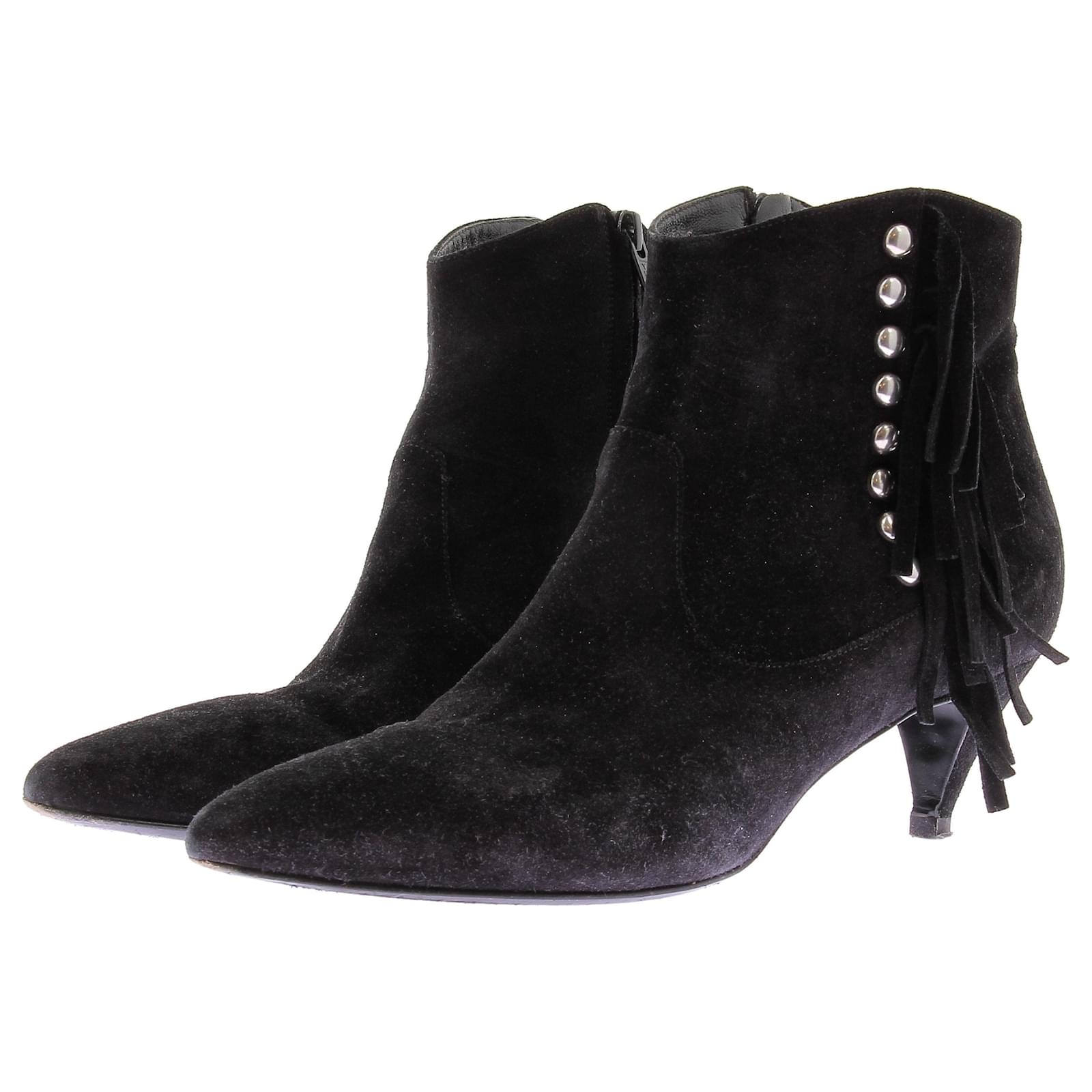Saint Laurent Bottines noires en daim avec franges Black Leather