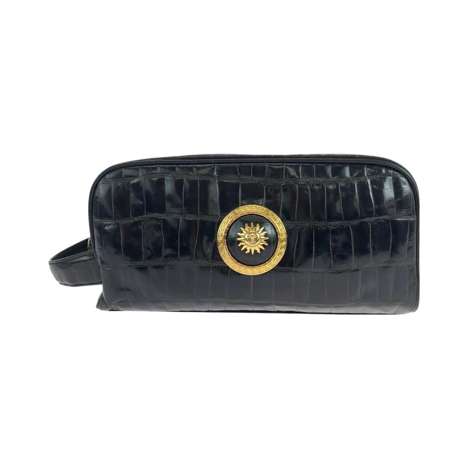 Versace Vintage Embossed Sunburst Black Leather Clutch Bag ref - Main Image