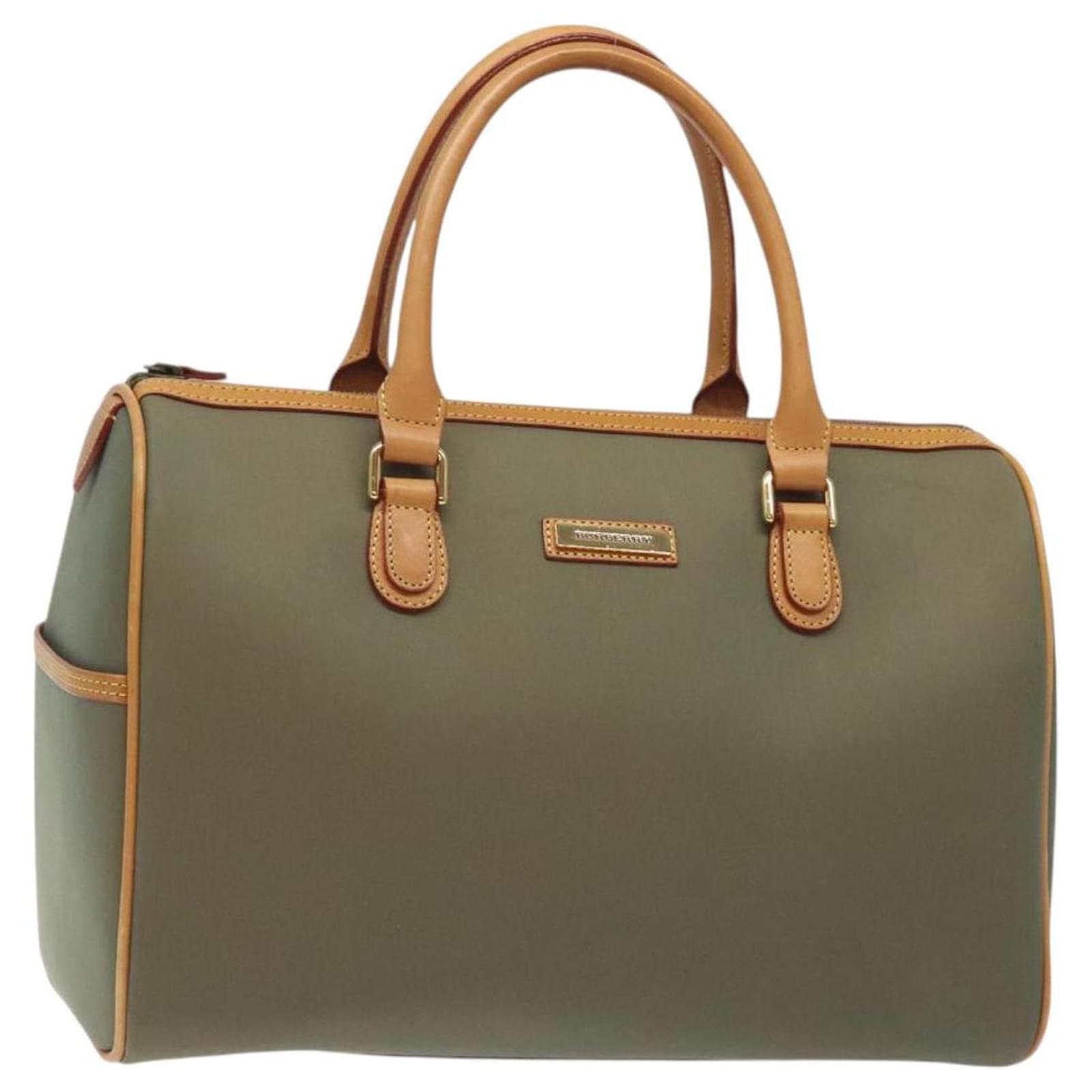 BURBERRY Boston Bag Canvas Leather Khaki Brown gold Auth