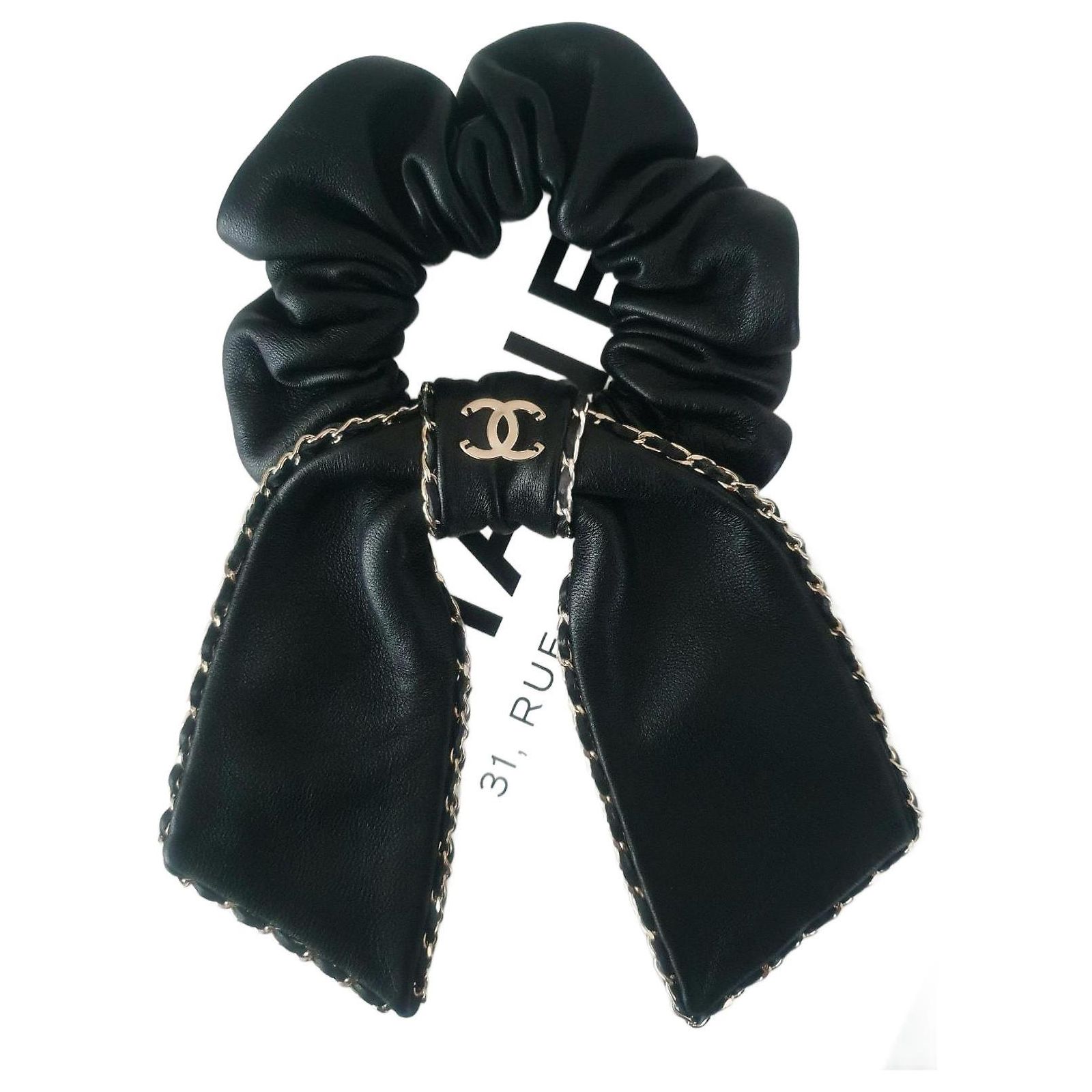 Chanel Hair Tie Scrunchie 925 Black Silver Plated with box Buy Chanel Black Leather Silver Chain CC Logo Scrunchie  main image 4