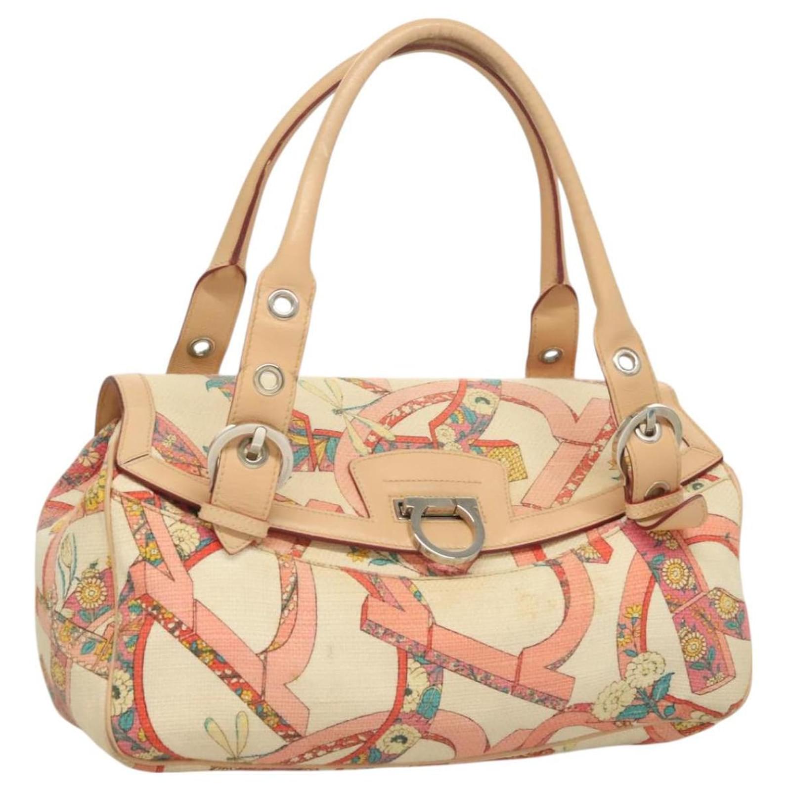 Salvatore Ferragamo Gancini Shoulder Bag Canvas Beige Silver