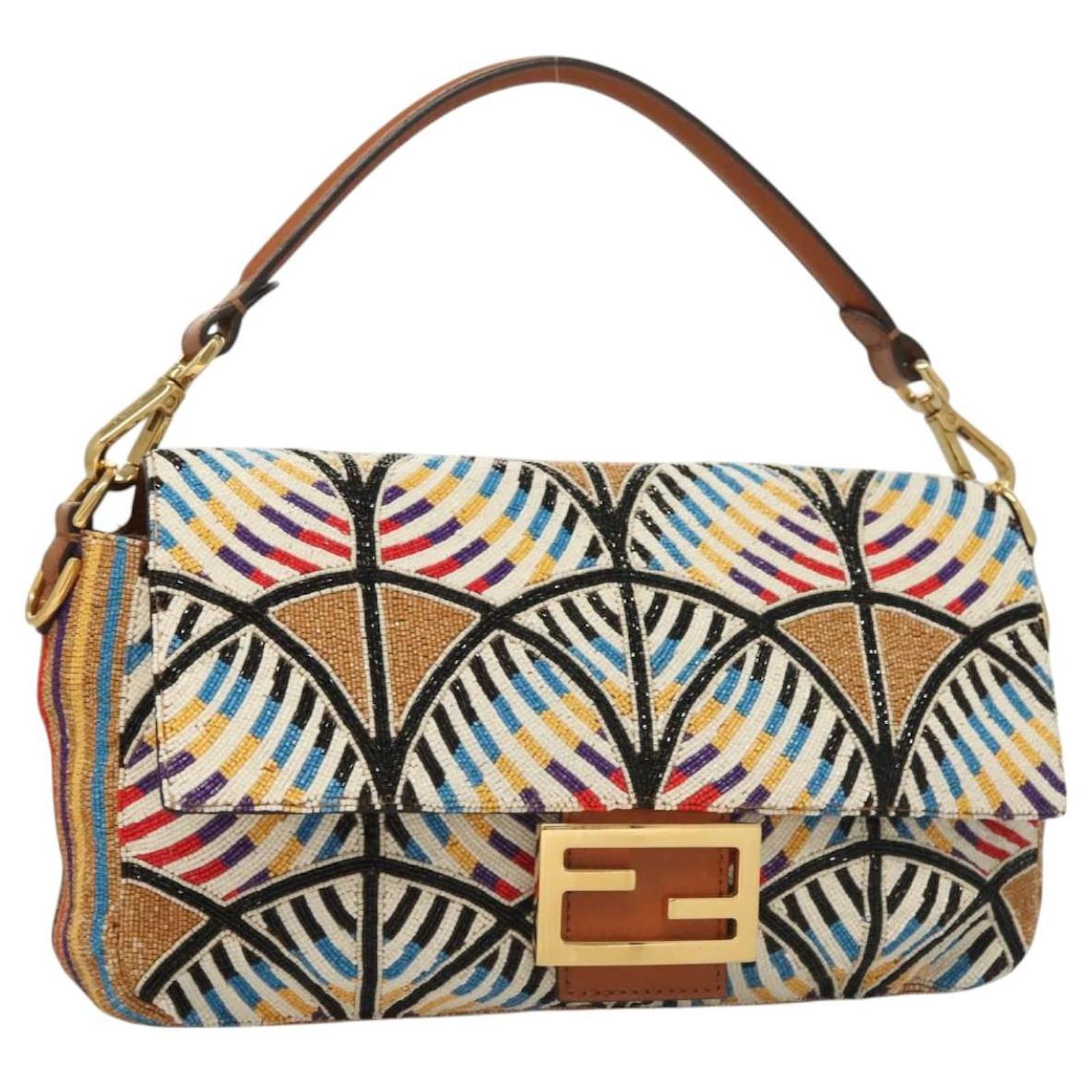 FENDI Mamma Baguette Shoulder Bag beads Beige Gold Auth 119241SV