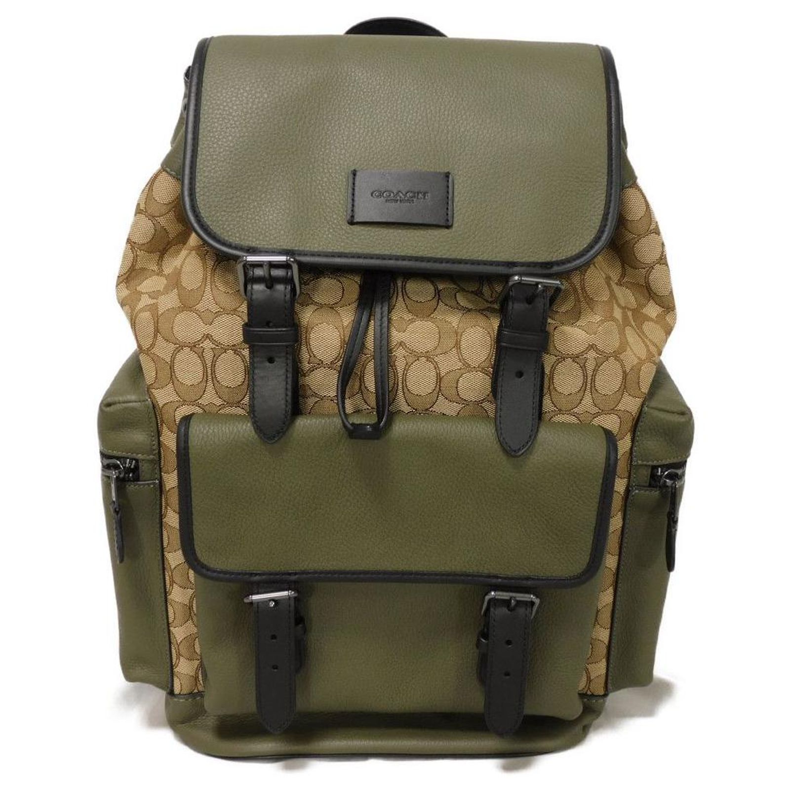 Coach Women\'s Green Pebble Leather and Signature Canvas Backpack W/ Gold Accents COACH Court Backpack Olive Green Leather | Mercari main image 4