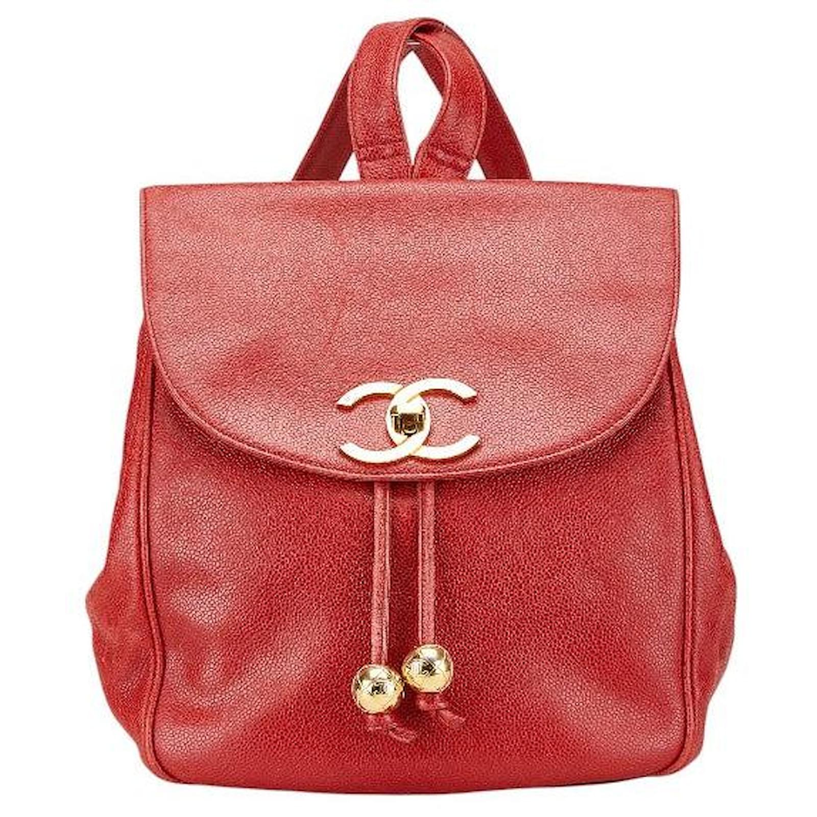 Chanel Caviar Skin Coco Mark Chain Backpack Red Leather ref