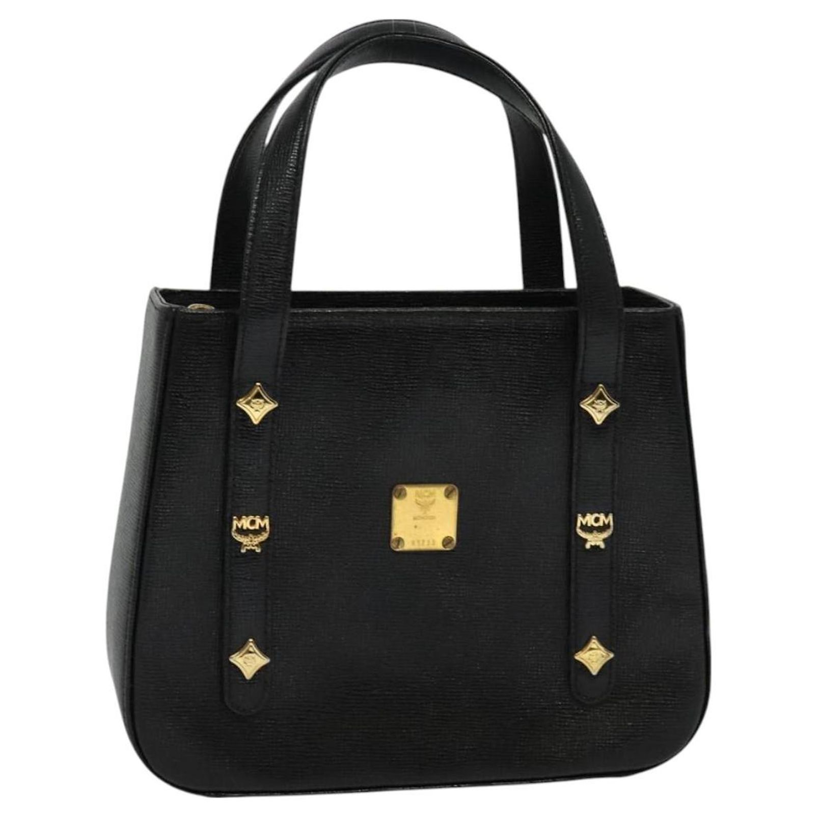 MCM Studs Hand Bag Leather Black Gold Auth 127015 Golden ref 
