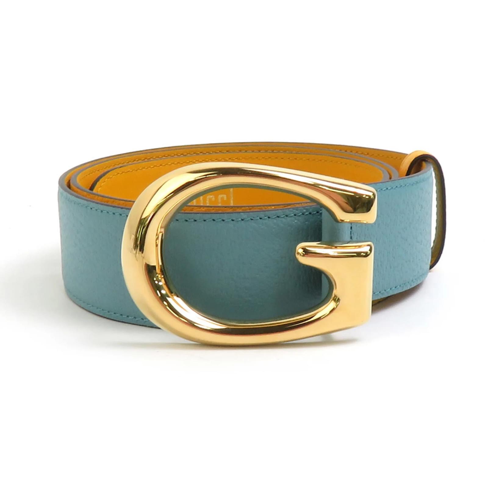 GUCCI 水色 レザー ベルト Authentic Gucci Blue Calfskin Leather Gold Interlocking G