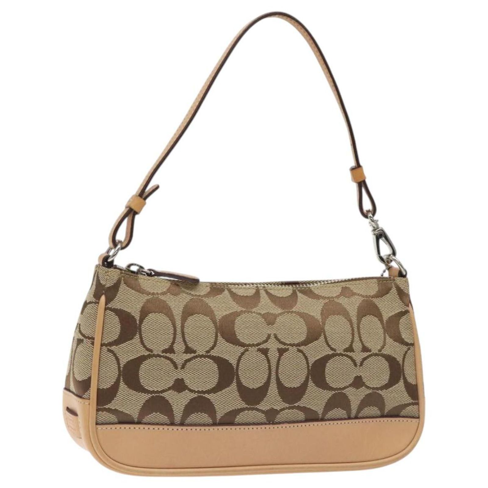 Coach Signature Accessory Pouch Canvas Beige Silver Auth am8648 