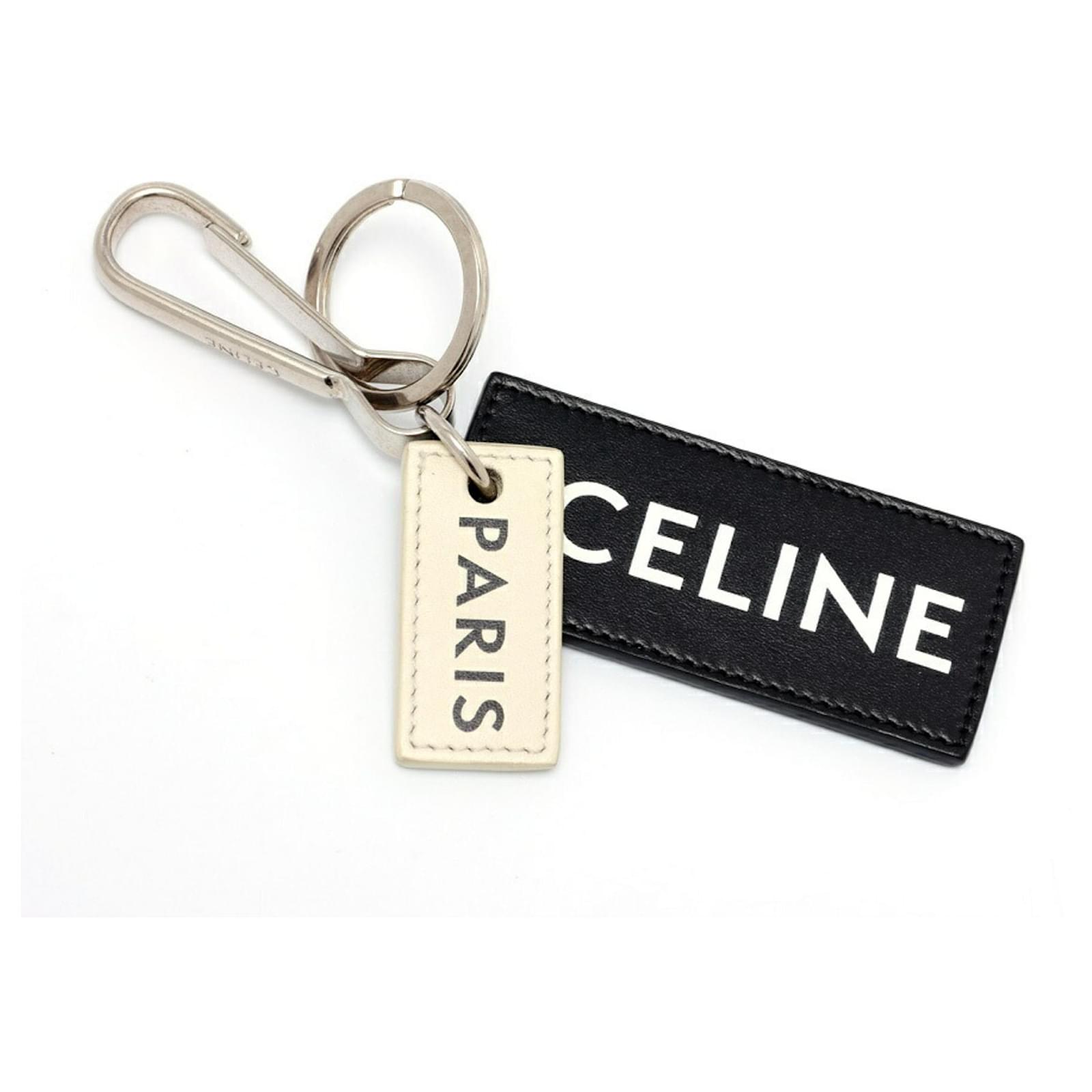 Céline Celine Tag Key Ring Holder Black White Leather Metal