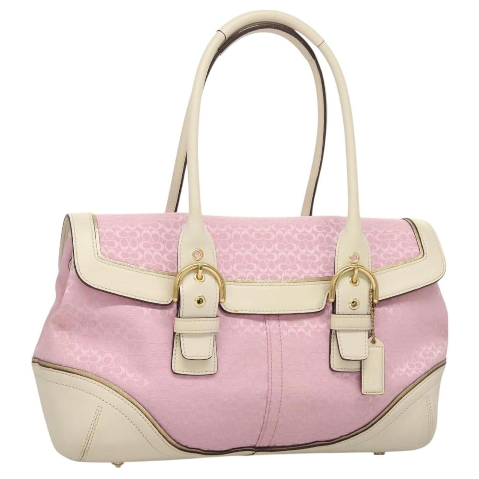 良品 990 Coach Signater handbag Pink Gold Coach Signature Shoulder Bag Leather Pink Gold Auth am8697