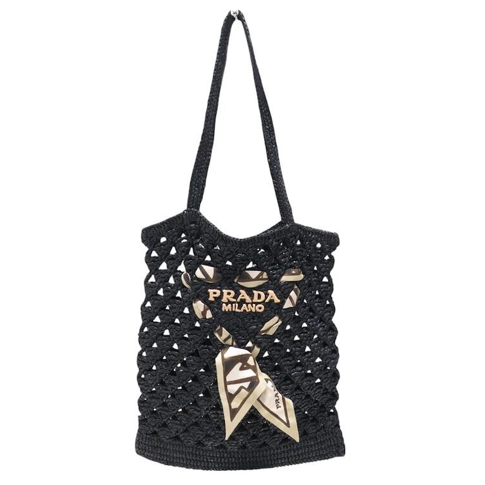 PRADA STROH-TASCHE MIT LOGO UND SEIDENSCHAL SCHWARZ RAFFIA