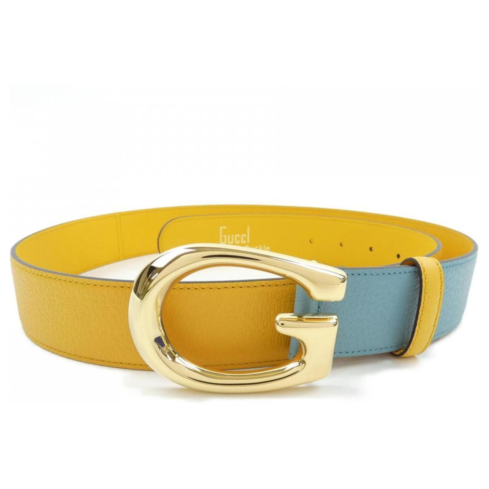 Gucci Two Tone Gold Buckle Blue and Yellow Belt Gucci Calfskin Double G 40mm Belt 90 36 Clear Sky Blue  main image 2