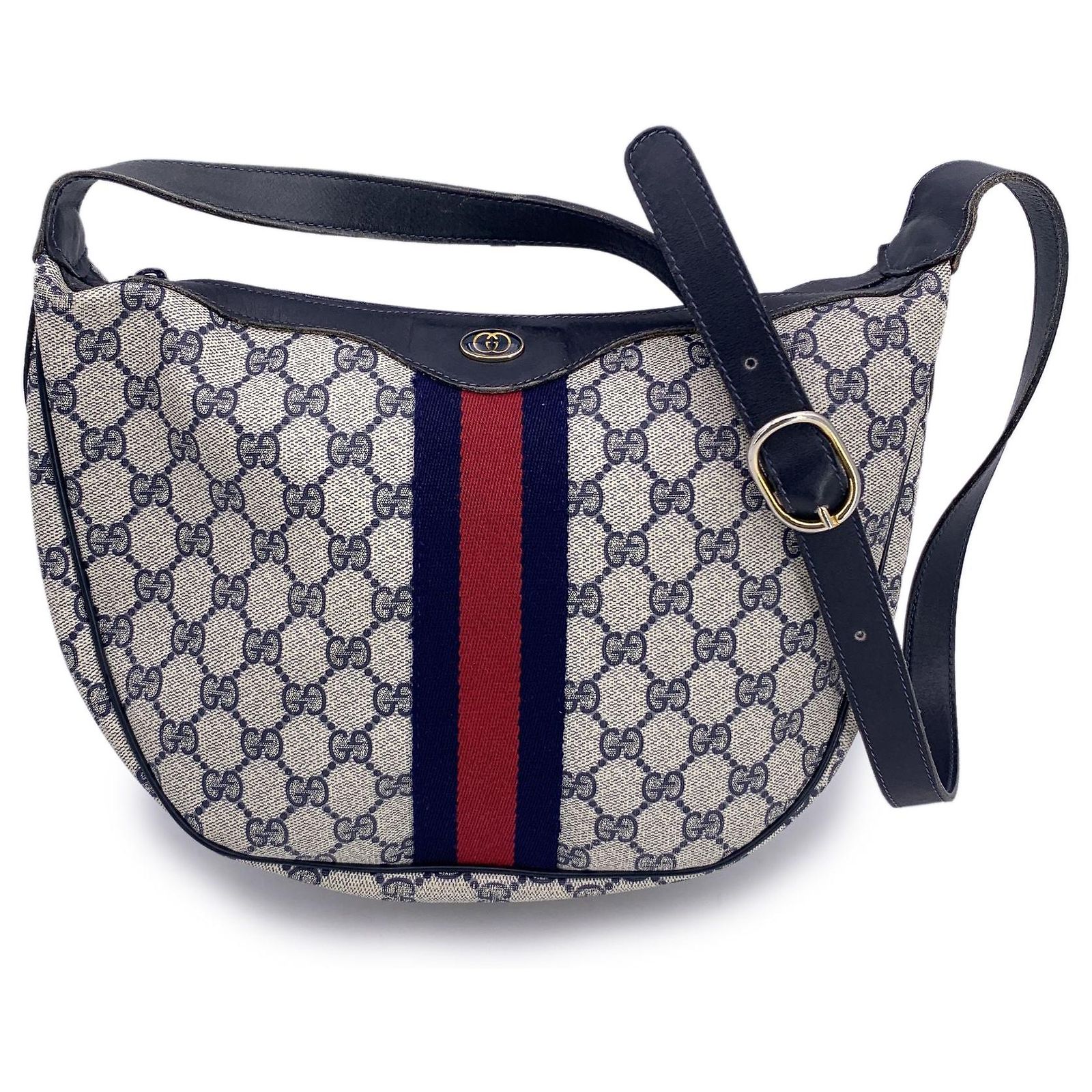 Gucci Vintage Navy Blue Monogram Canvas Rounded Shoulder Bag Cloth ref ...