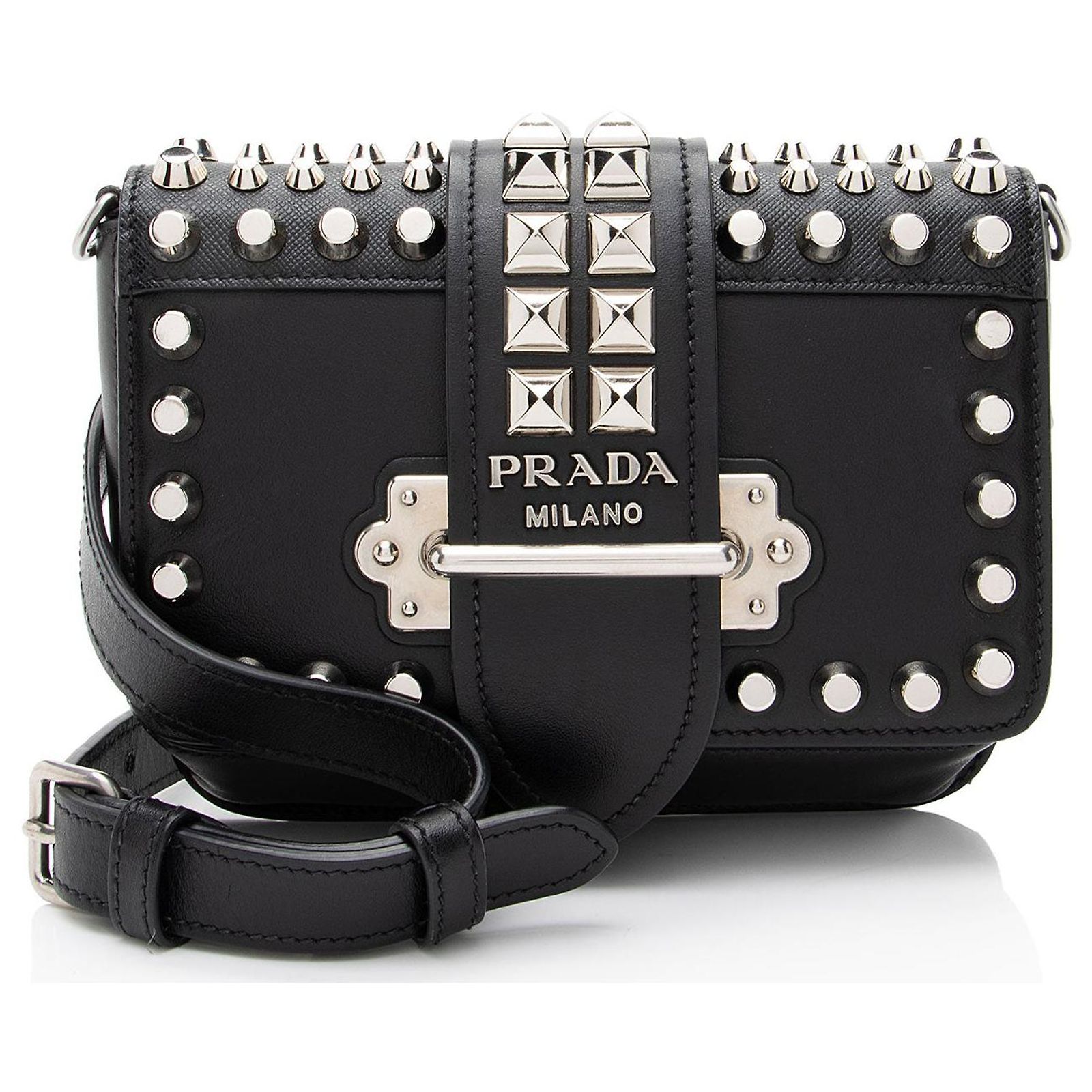 Prada Saffiano Calfskin Studded Cahier Belt Bag Black Leather Pony 