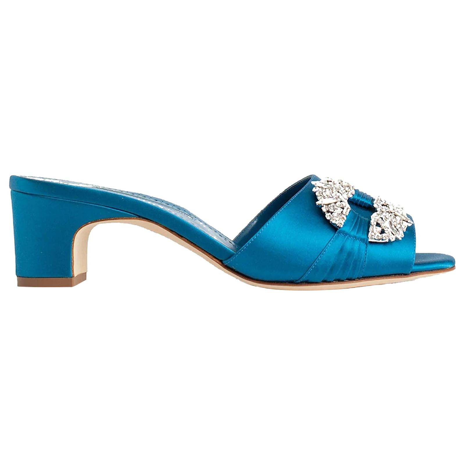関税送料込Manolo Blahnik Silk Mules HANGISIMU | Navy Blue Satin Jewel Buckle Mules | Manolo Blahnik
