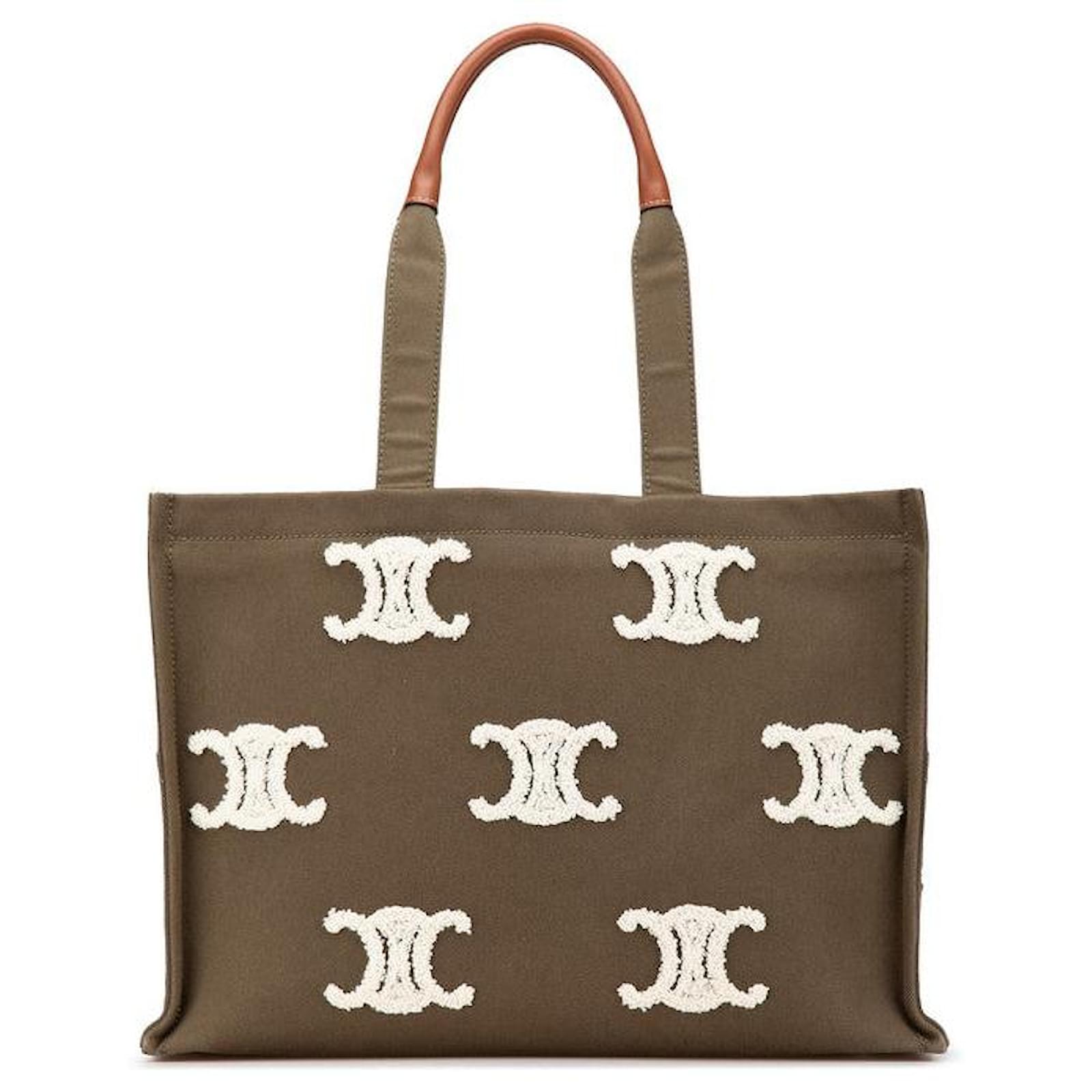 Céline Celine Triomphe Canvas Leather Tote Bag Green Cloth