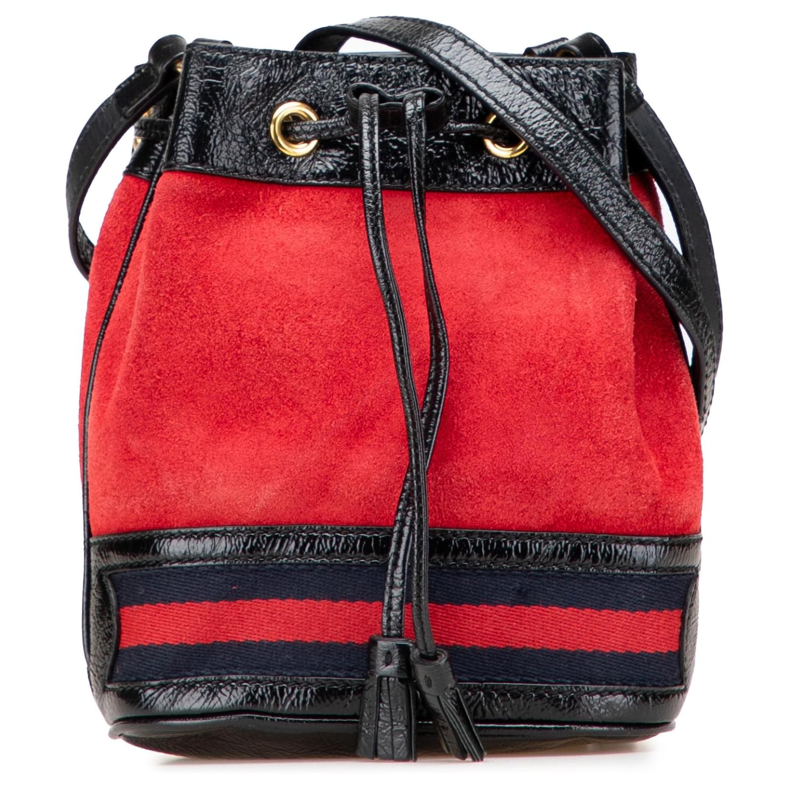 Gucci Red Mini Suede and Patent Web Ophidia Bucket Bag