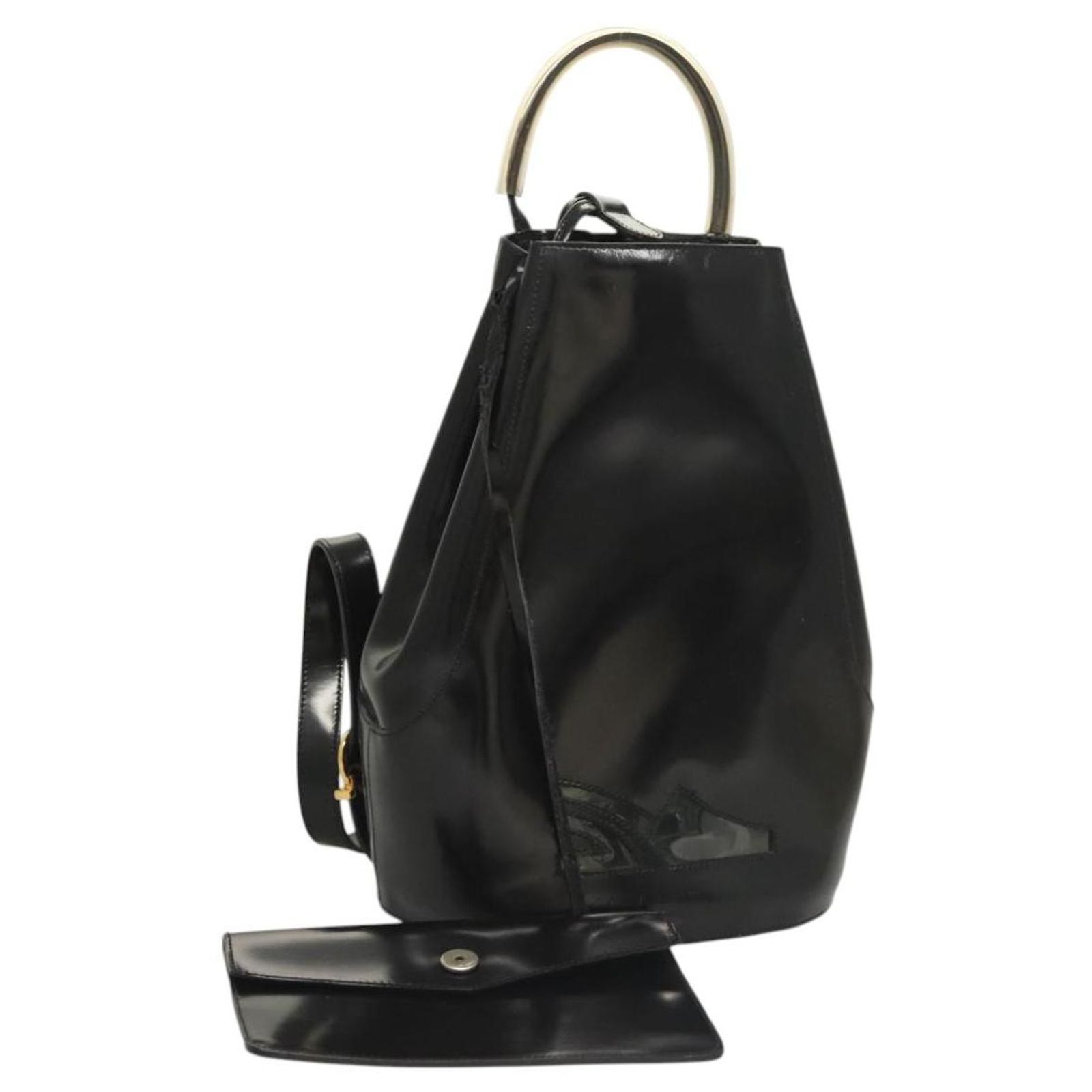 Salvatore Ferragamo Gancini Backpack Enamel Black Gold Auth 