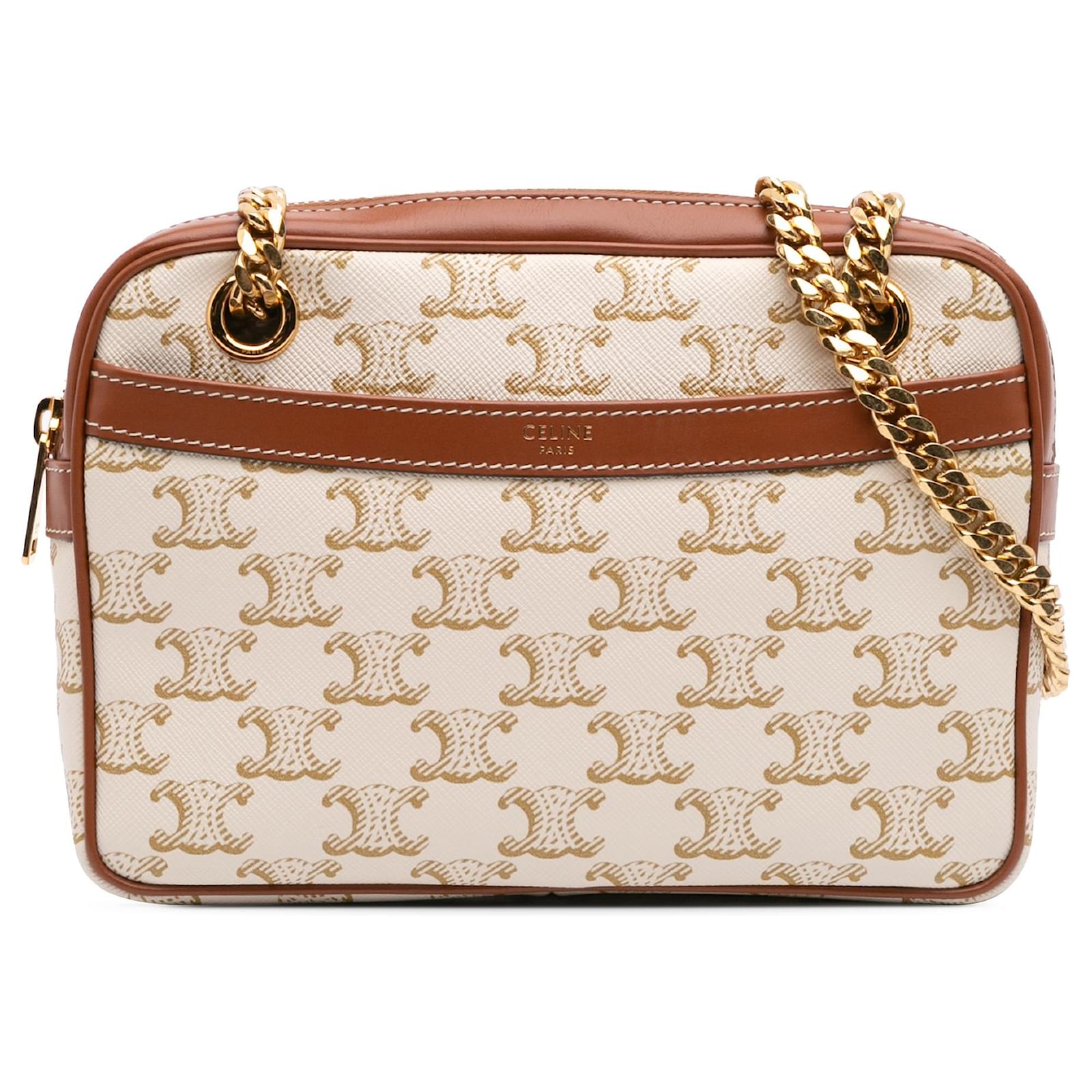 Céline Celine White Small Triomphe Coated Canvas Patapans Shoulder