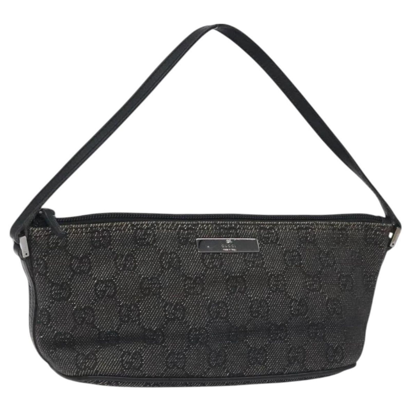 GUCCI GG Canvas Accessory Pouch Black Silver 07198 2123 Auth 