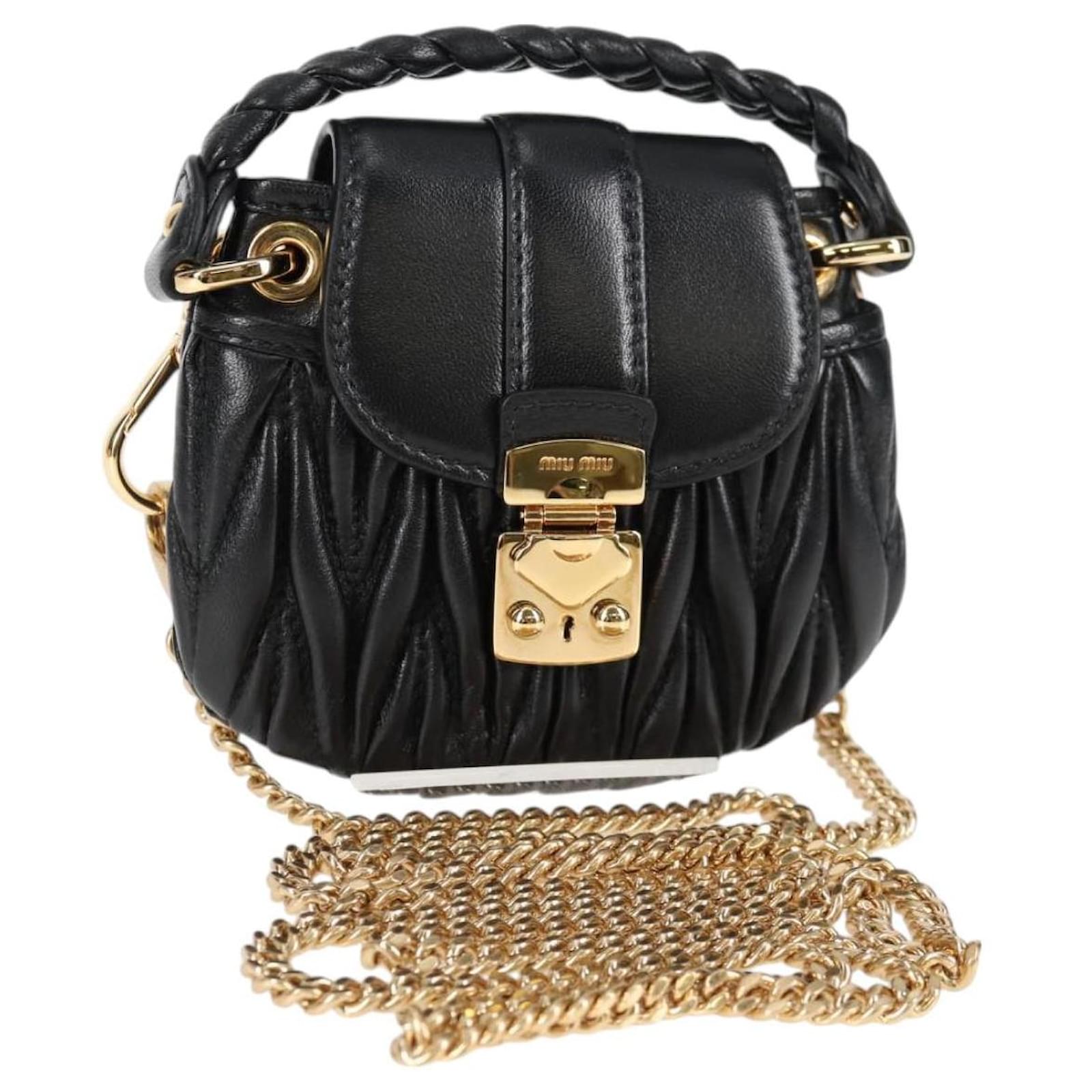 Miu Miu Matelasse Chain Pouch Shoulder Bag Leather Black Gold Auth