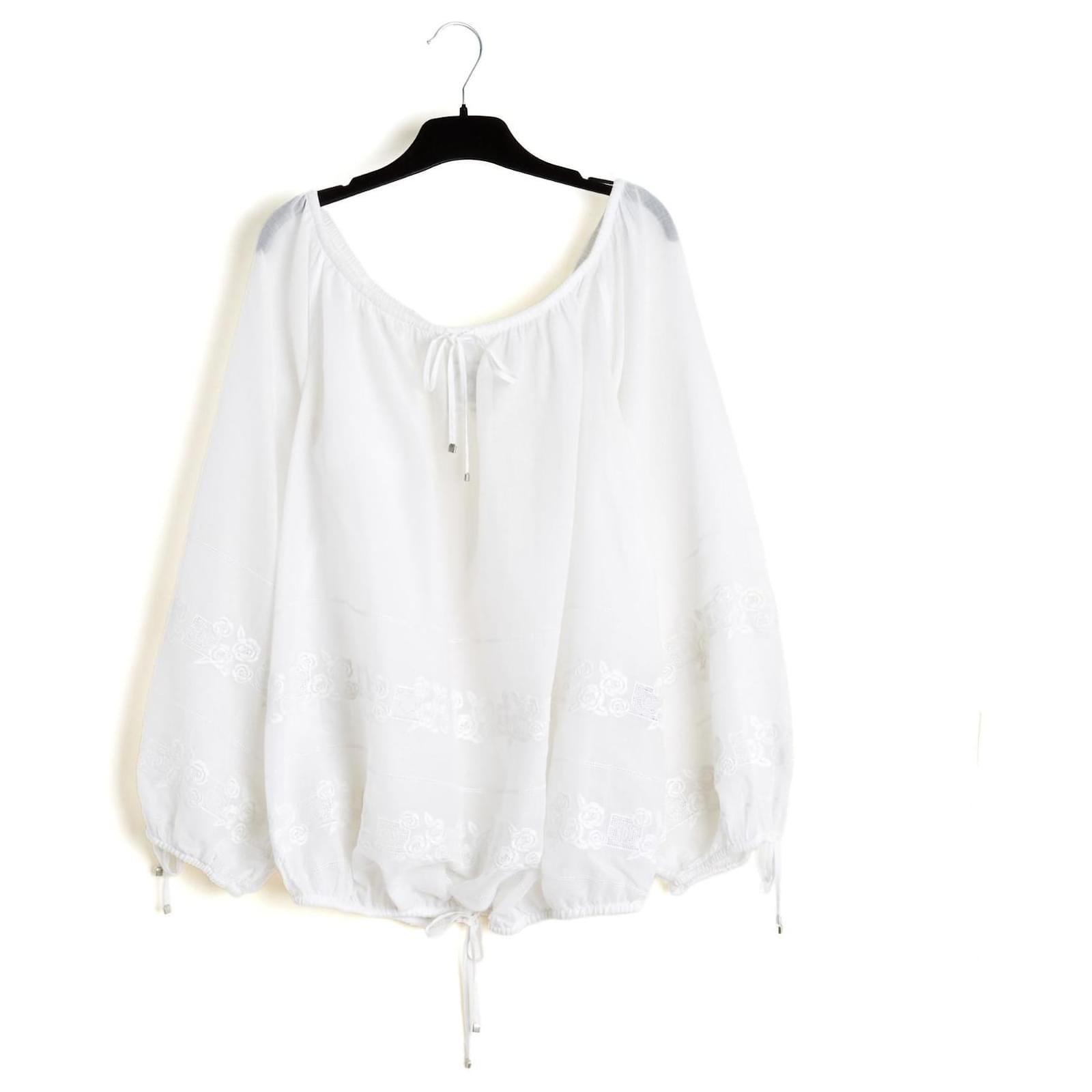 Chanel 2007 Top Blusa Bordado FR44 Eslavo Camisa Blanca de Algodón