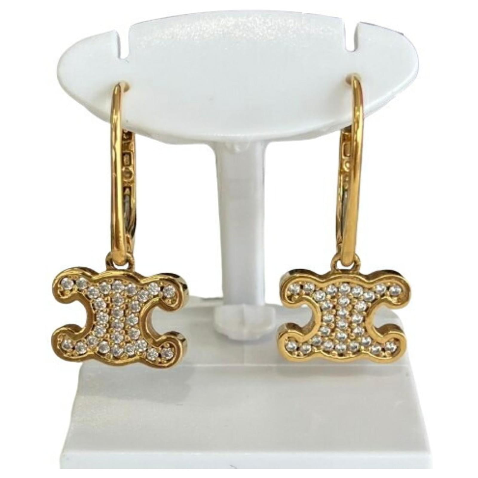Céline Celine Triomphe Rhinestone Stud Earrings Golden ref