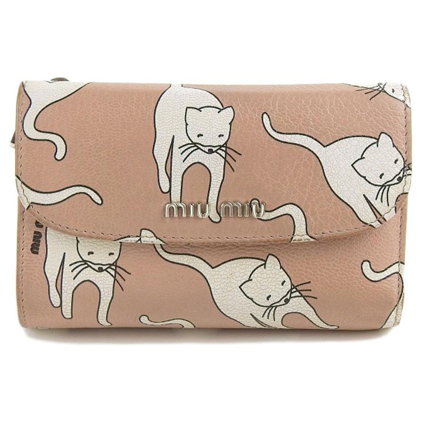 Miu Miu Cat Print Leather Trifold Wallet Pink White ref.2354078