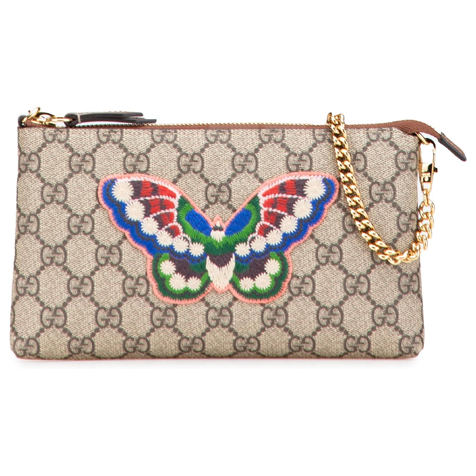 Pochette de Cadena Gucci Brown GG Supreme con Mariposa Bordada