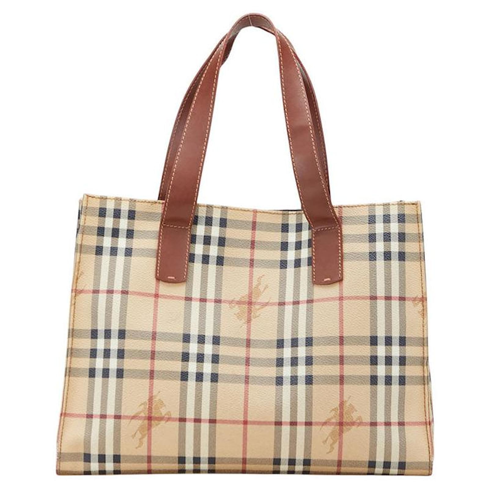 Burberry Nova Check Shadow Horse PVC Leather Tote Bag Brown Beige