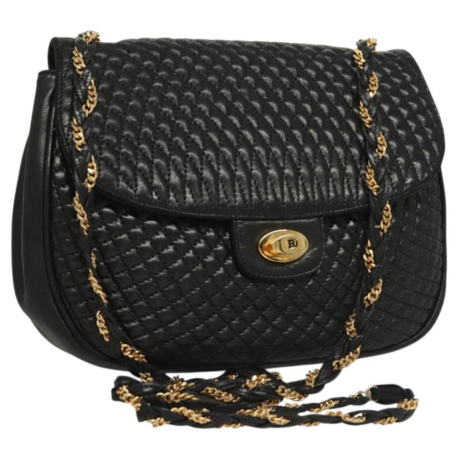 BALLY Quilted Chain Shoulder Bag Leather Black Gold Auth BA3955 