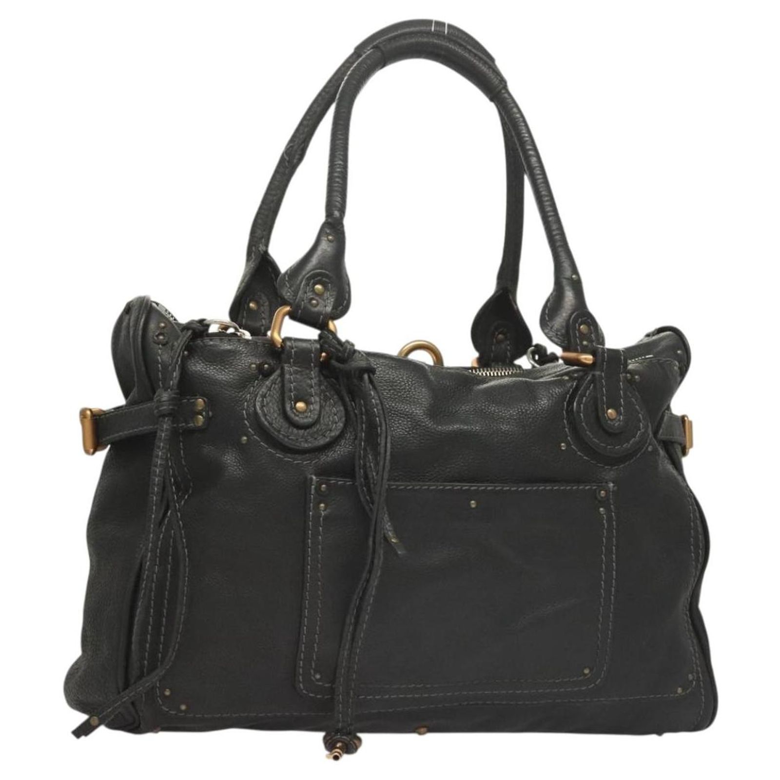 Chloé Chloe Paddington Hand Bag Leather Black Gold Silver Auth 