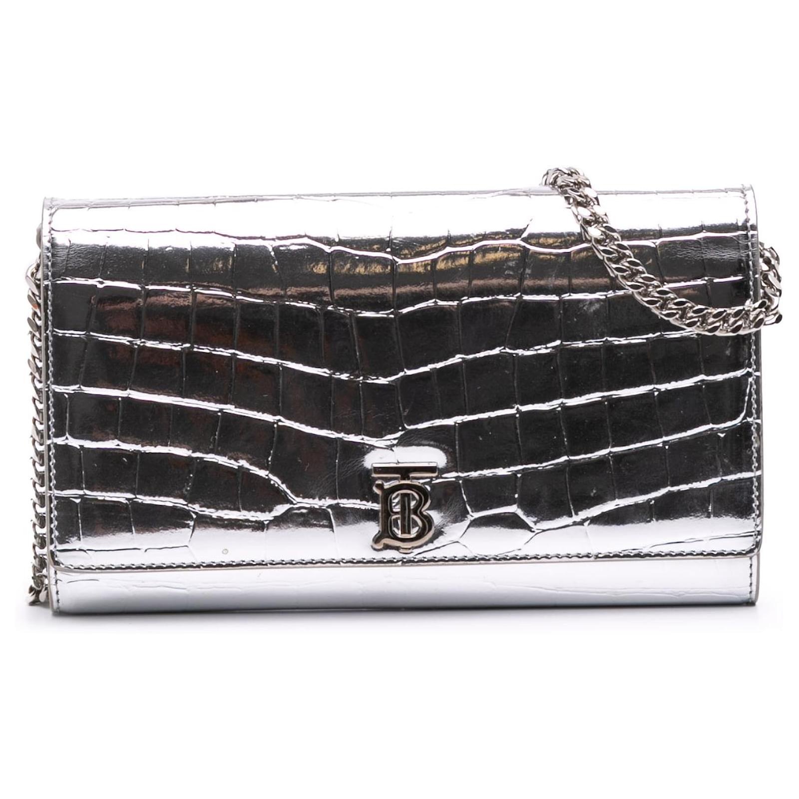 Burberry Silver Croc Embossed Metallic Calfskin Hannah Wallet On