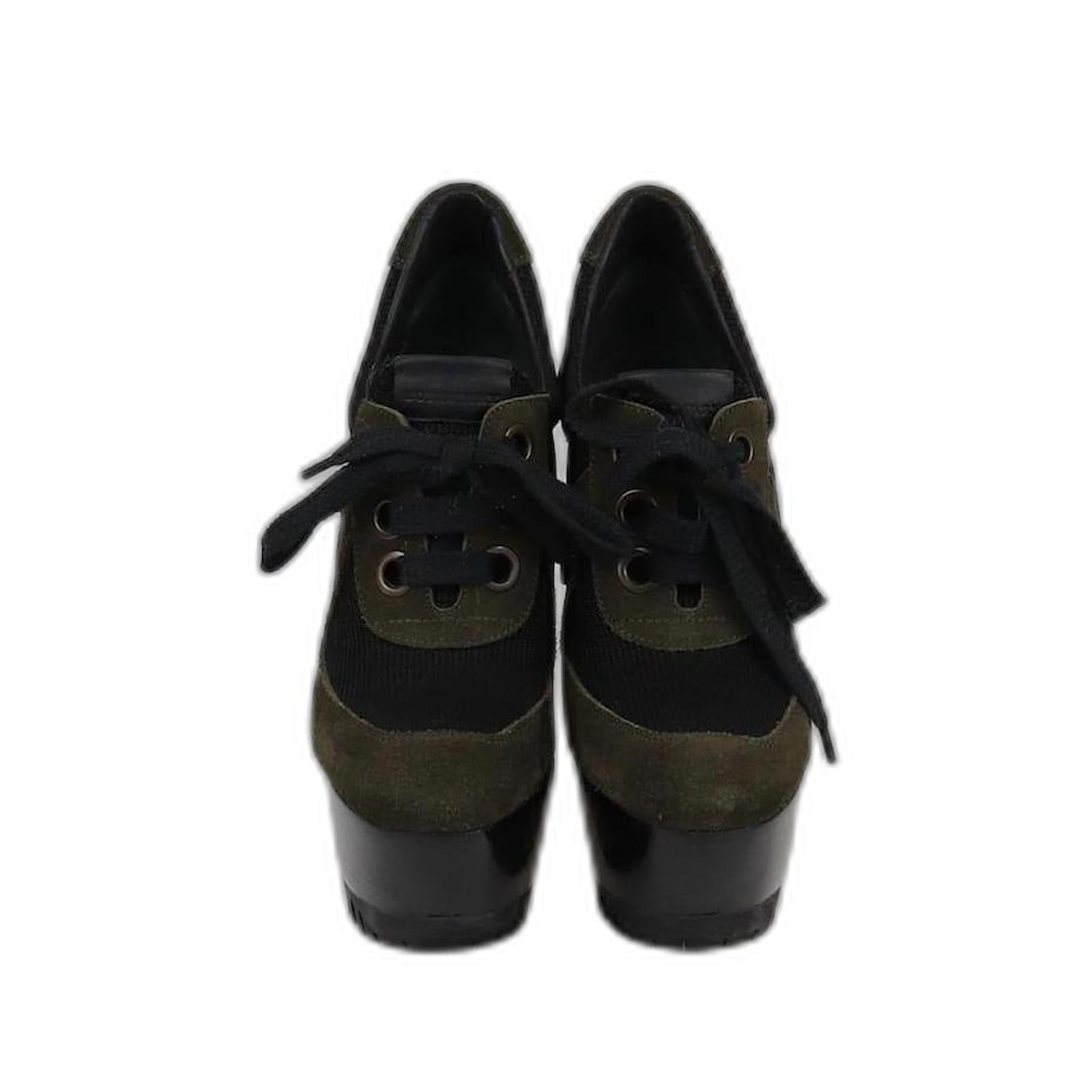 Burberry Prorsum Black/Green Platform Wedge Boots Suede Cloth ref