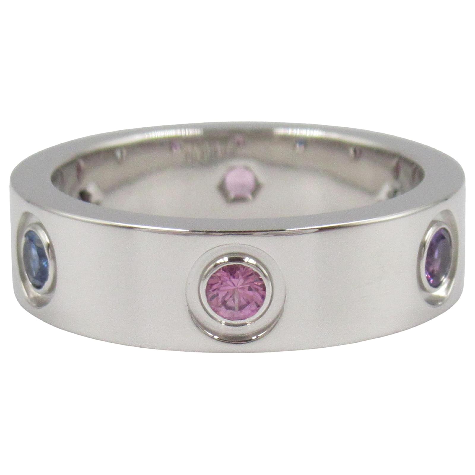 Cartier Silver 18K White Gold Multicolor Stones Love Ring Silvery