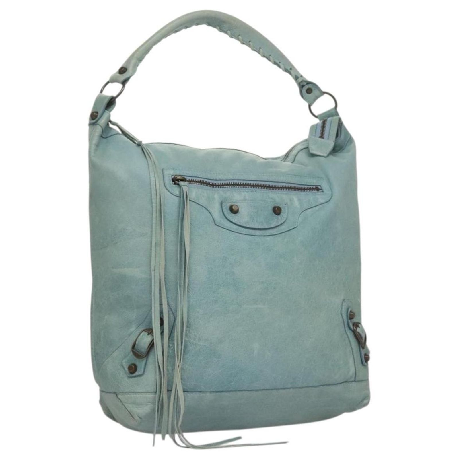 BALENCIAGA The Day Shoulder Bag Leather Light Blue 140442 Auth 