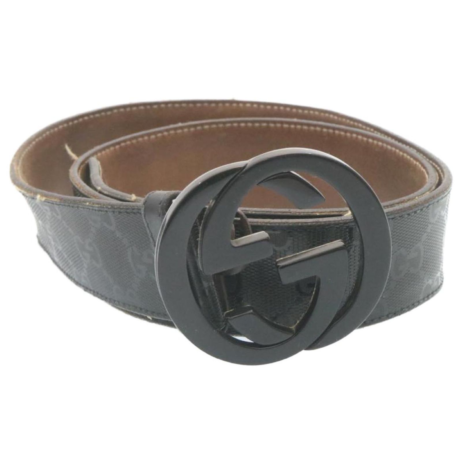 Ar6259 GUCCI GG Canvas Interlocking Belt PVC Leather Black Auth ar6259 ref ...