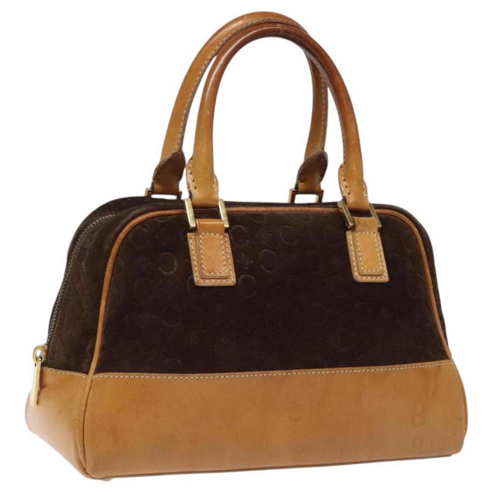 Céline CELINE C Macadam Canvas Hand Bag Suede Brown Gold Auth 