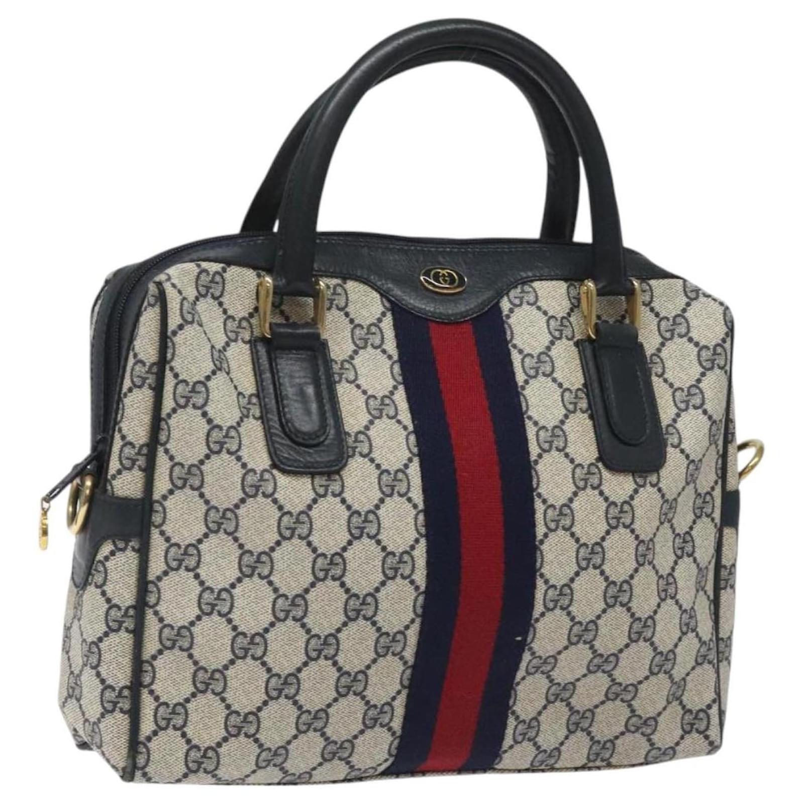 GUCCI GG Supreme Sherry Line Hand Bag PVC Leather Navy Red 010 378